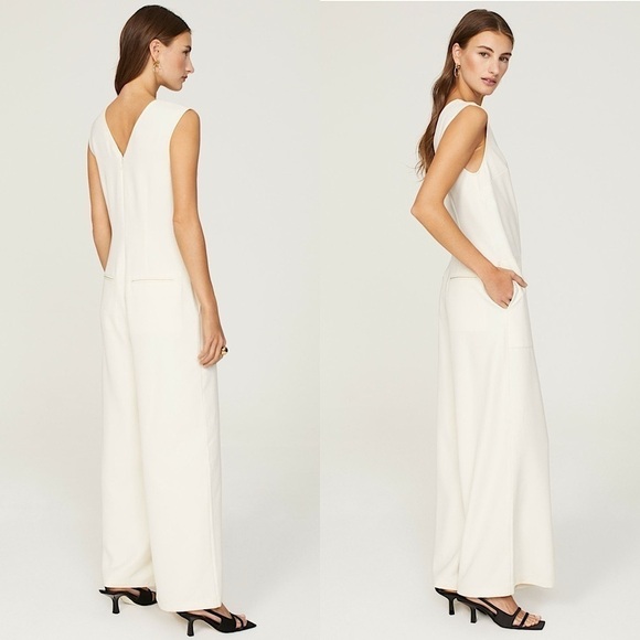 MARINA MOSCONE Ivory Twill Sleeveless V-Neck Wide Leg Ankle Cropped Jumpsuit 2 - Picture 2 of 6